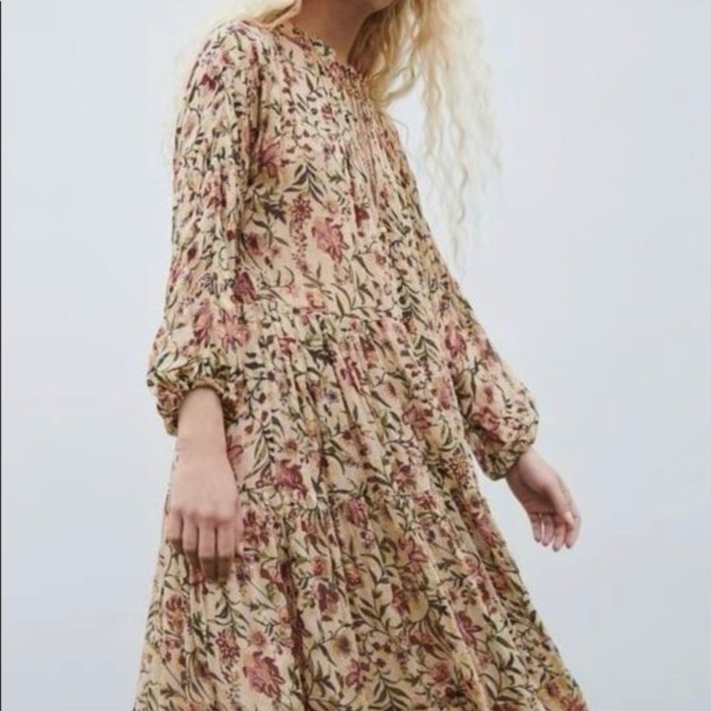 Zara Floral Long Sleeve Tiered Midi Dress in Beige and Pink
